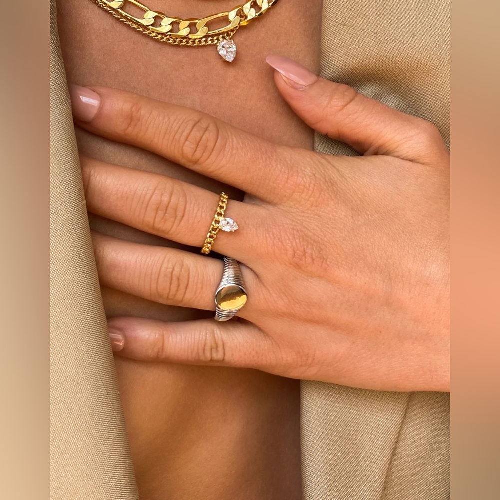 LUV AJ GOLD PEAR CHAIN RING SHASHI GORJANA BASIQUE MEJURI BAGATIBA KENDRA SCOTT